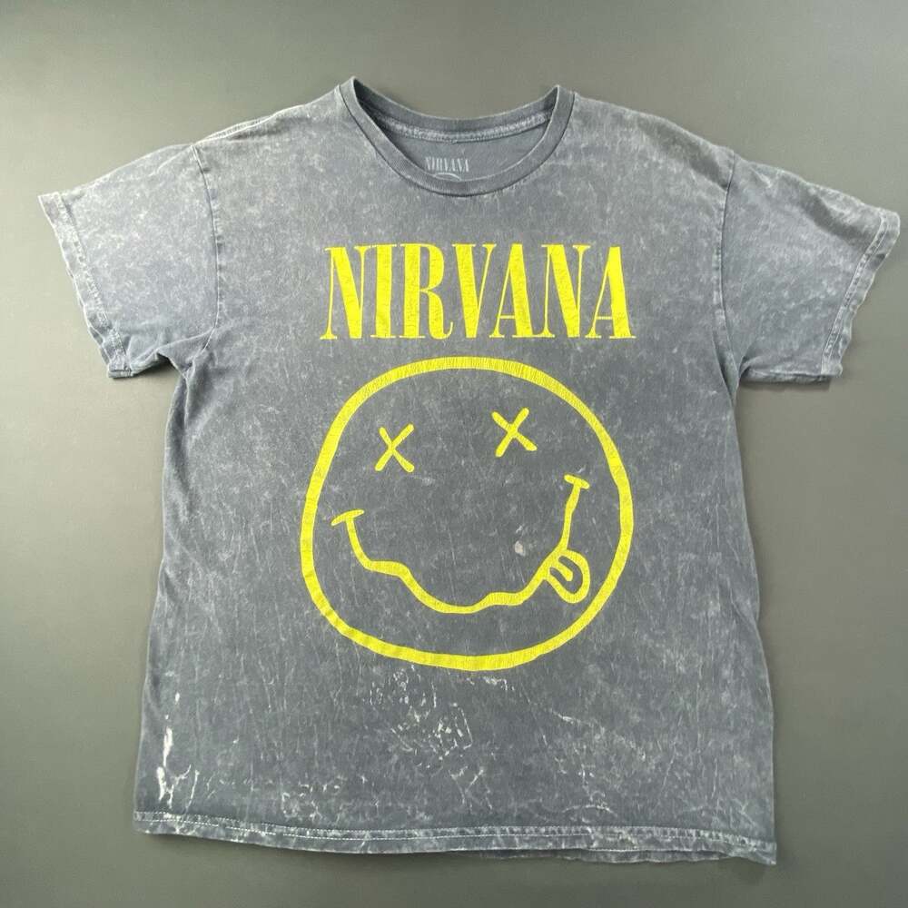 Nirvana T Shirt Men's Large Gray Tie Dye Smiley Face Kurt Cobain Punk